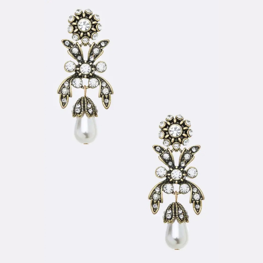 Antique Brass Crystal Floral Pearl Drop Earrings